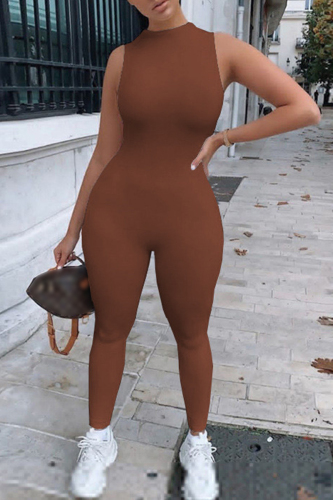 Brown Casual Solid Basic O Neck Skinny Jumpsuits