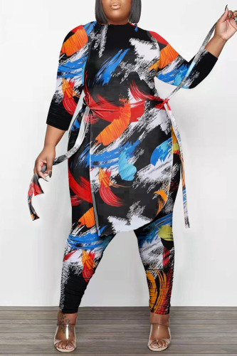 Multi-color Casual Print Camouflage Print Bandage Patchwork Asymmetrical O Neck Plus Size Two Pieces