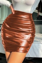 Brown Sexy Solid Fold Skinny High Waist Conventional Solid Color Skirt