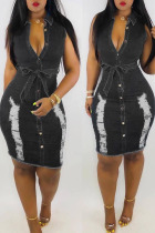 Black Casual Solid Ripped Patchwork Buckle Turndown Collar Sleeveless High Waist Regular Denim Dresses