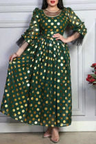 Green Casual Bronzing Polka Dot Patchwork Fold O Neck A Line Dresses