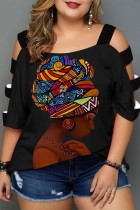 Plus Size Black Brown Casual Print Hollowed Out Patchwork O Neck T-Shirts