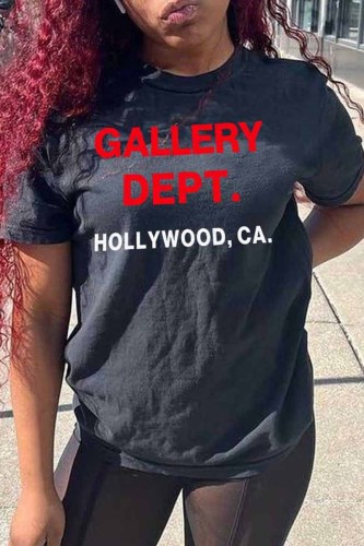 Black Casual Print Letter O Neck T-Shirts