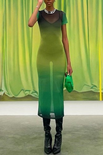 Green Sexy Gradual Change Print See-through O Neck Short Sleeve Dress Dresses