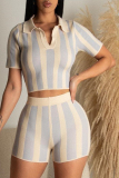 Apricot Casual Striped Backless Shirt Collar Short Sleeve Two Pieces