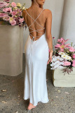 White Sexy Solid Patchwork Slit Spaghetti Strap Straight Dresses