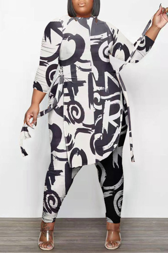 Black White Casual Print Camouflage Print Bandage Patchwork Asymmetrical O Neck Plus Size Two Pieces