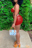 Red Sexy Solid Backless Strapless Sleeveless Two Pieces