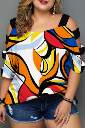 Plus Size Orange Casual Print Hollowed Out Patchwork O Neck T-Shirts