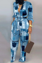 Blue Casual Print Patchwork Buckle With Belt Straight Jumpsuits