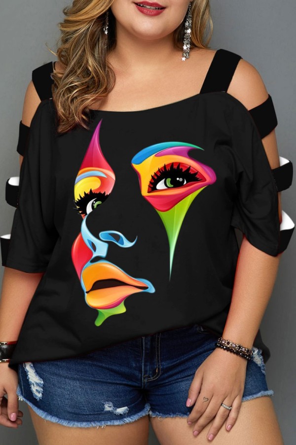 Plus Size Black Casual Print Hollowed Out Patchwork O Neck T-Shirts