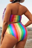 Colour Sexy Striped Print Backless Strapless Plus Size Swimwear