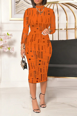 Orange Sexy Casual Solid Ripped O Neck Long Sleeve Dresses