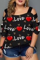 Plus Size Black Red Casual Print Hollowed Out Patchwork O Neck T-Shirts