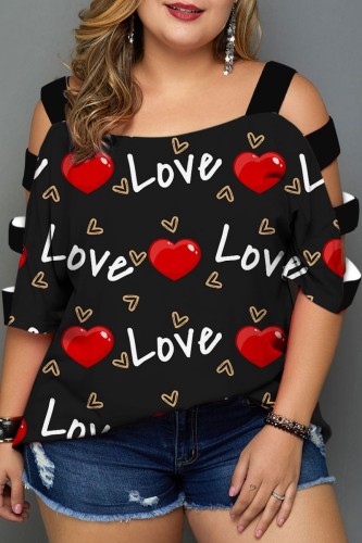 Plus Size Black Red Casual Print Hollowed Out Patchwork O Neck T-Shirts