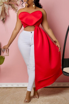 Red Sexy Solid Patch Asymmetrical Strapless Tops