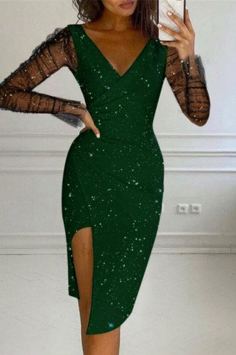 Green Sexy Patchwork Sequins See-through V Neck Long Sleeve Dresses