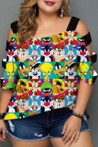 Plus Size Multicolor Casual Print Hollowed Out O Neck Tops