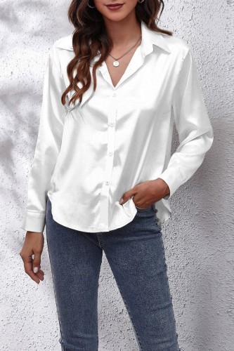 White Casual Solid Basic Shirt Collar Tops