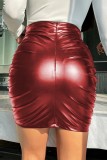 Burgundy Sexy Solid Fold Skinny High Waist Conventional Solid Color Skirt