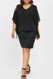 Black Casual Solid Hollowed Out Patchwork Flounce Hot Drill V Neck Plus Size Dresses