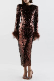 Coffee Sexy Elegant Solid Sequins Patchwork Feathers O Neck One Step Skirt Dresses