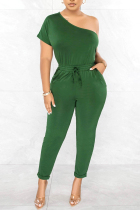 Green Casual Solid Solid Color One Shoulder Regular Jumpsuits
