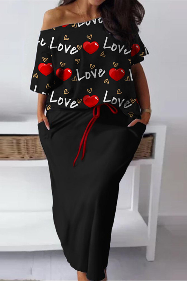 Black Casual Daily Print Basic Off the Shoulder Plus Size Two Pieces