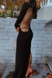 Black Sexy Solid Backless Slit Asymmetrical O Neck Long Sleeve Dresses