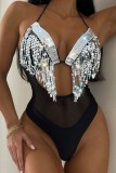 Black Sexy Patchwork Tassel Bandage See-through Backless Swimwears (With Paddings)