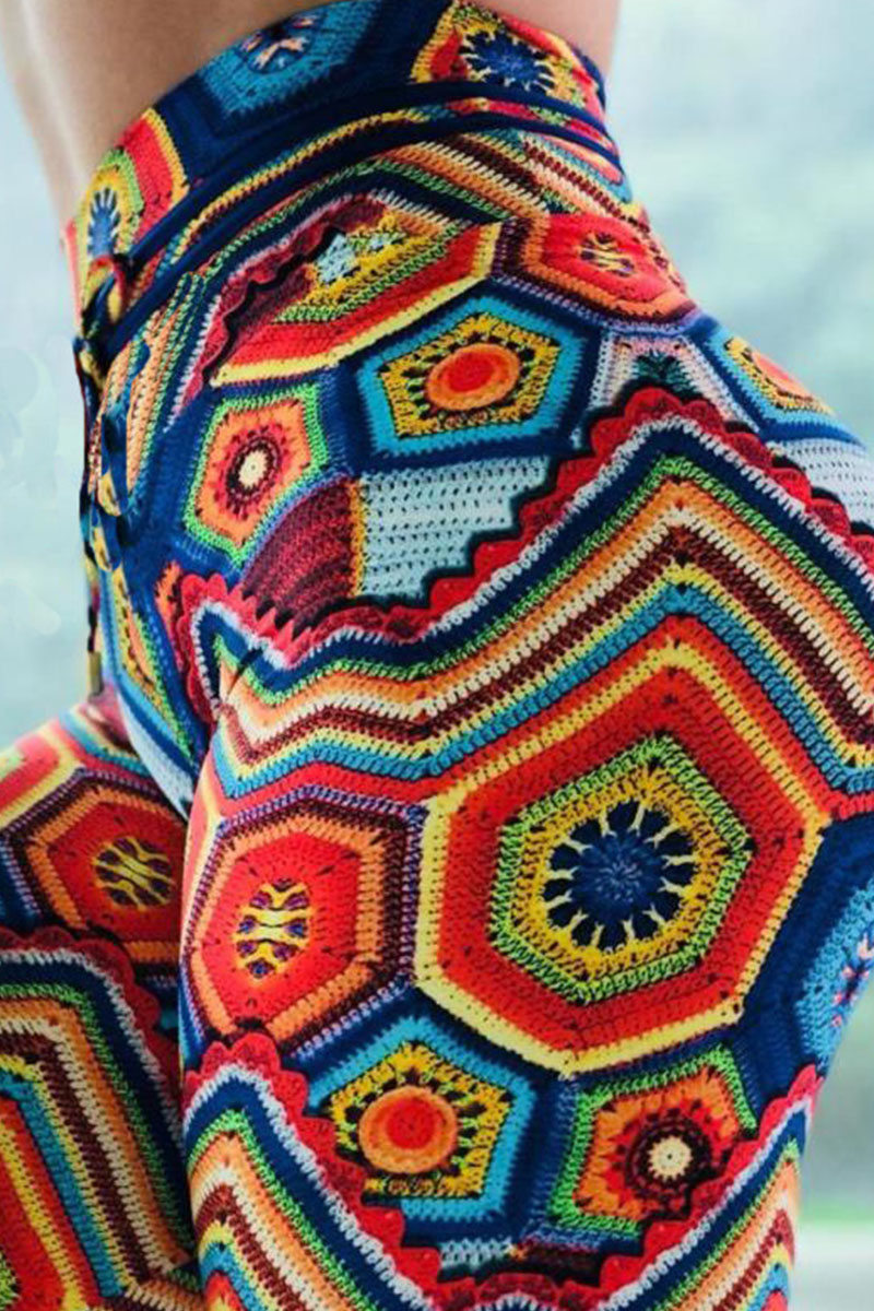 Casual Geometric Print Patchwork Loose Mid Waist Pencil Full Print Bottoms