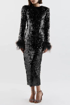 Black Sexy Elegant Solid Sequins Patchwork Feathers O Neck One Step Skirt Dresses