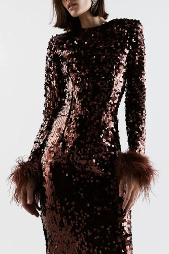 Coffee Sexy Elegant Solid Sequins Patchwork Feathers O Neck One Step Skirt Dresses
