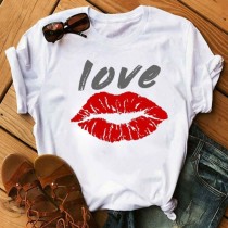Grey Red Casual Print Basic O Neck T-Shirts