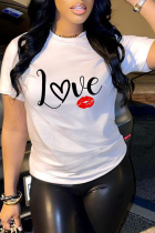White Casual Street Lips Printed Patchwork Letter O Neck T-Shirts