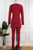 Red Casual Solid Slit V Neck Long Sleeve Two Pieces