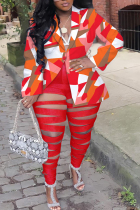 Red Casual Print Hollowed Out Patchwork Turn-back Collar Plus Size Two Pieces