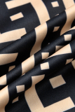 Black khaki Casual Print Patchwork Square Collar Plus Size Jumpsuits