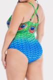 Green Sexy Print Hollowed Out Patchwork Backless Spaghetti Strap Plus Size Swimwear