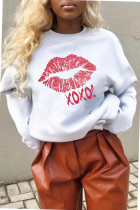 White Casual Street Lips Printed Patchwork O Neck Tops