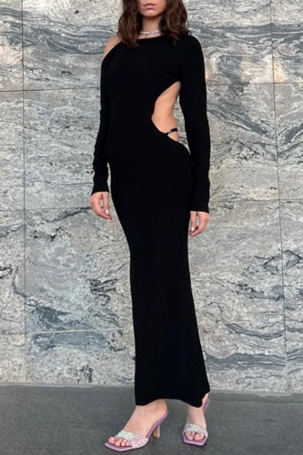 Black Sexy Solid Backless Slit Asymmetrical O Neck Long Sleeve Dresses