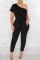 Green Casual Solid Solid Color One Shoulder Regular Jumpsuits