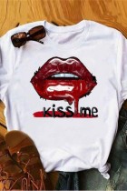White Red Casual Print Basic O Neck T-Shirts