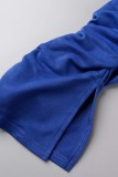 Blue Casual Solid Backless Slit Off the Shoulder Skinny Jumpsuits