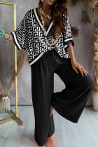 Black And White Casual Print Patchwork V Neck Three Quarter Two Pieces