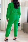 Green Casual Solid Patchwork Shirt Collar Regular Jumpsuits (Without Belt)