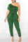 Green Casual Solid Solid Color One Shoulder Regular Jumpsuits