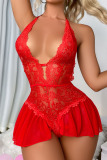 Red Sexy Solid Patchwork See-through Halter Skinny Bodysuits