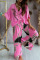 Pink Casual Print Patchwork V Neck Three Quarter Two Pieces