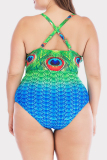 Green Sexy Print Hollowed Out Patchwork Backless Spaghetti Strap Plus Size Swimwear